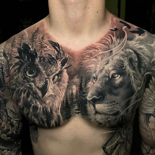 Realistic owl and lion portrait chest tattoo Bangkok by Ball BKK