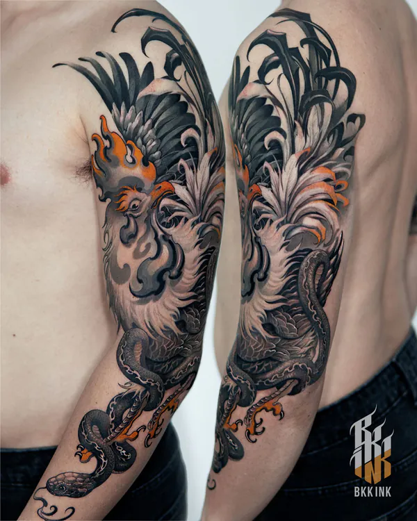Neo-traditional rooster full arm sleeve tattoo Bangkok by Ball BKK