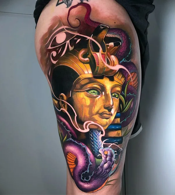 Egyptian pharaoh and cobra thigh tattoo Bangkok by Ball BKK
