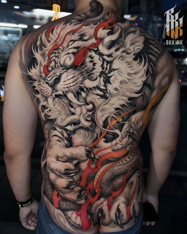 Tiger and dragon full back tattoo Bangkok by Ball BKK