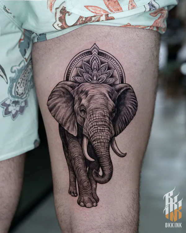 Elephant with mandala crown thigh tattoo Bangkok by Ballin