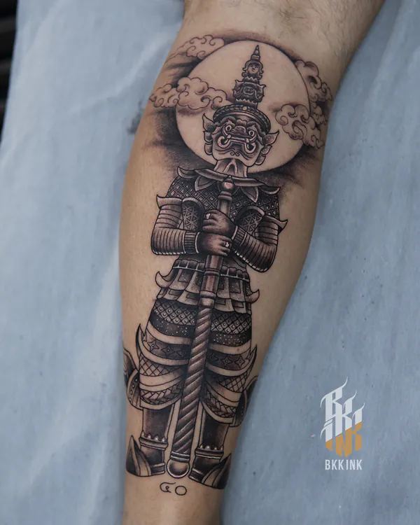 Thai giant warrior with mace calf tattoo Bangkok by Ballin