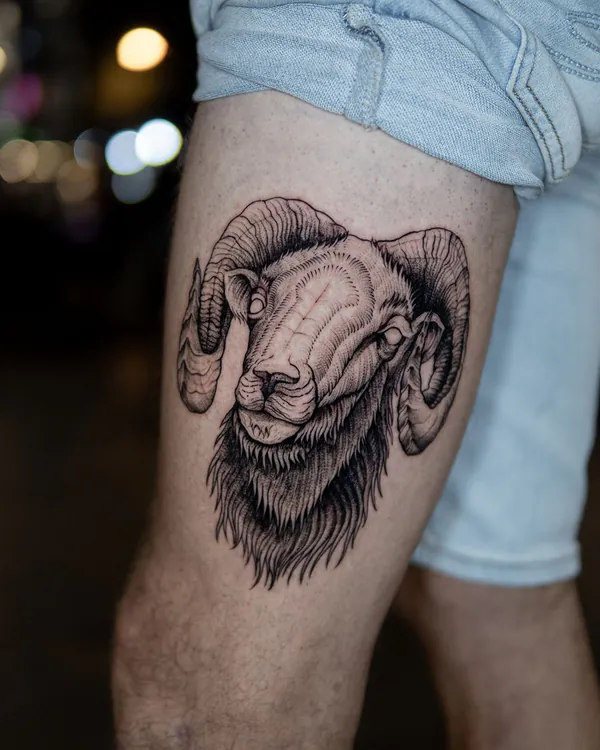 Bighorn ram head thigh tattoo Bangkok by Ballin