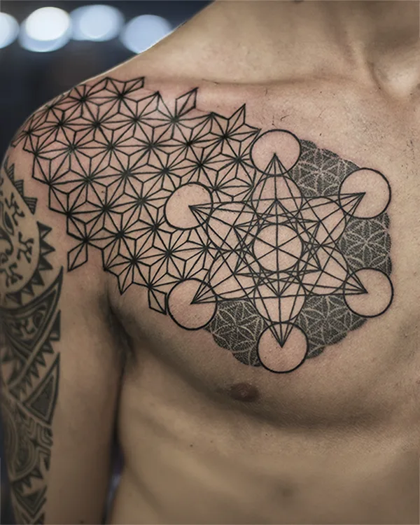 Metatron's cube chest blackwork tattoo Bangkok