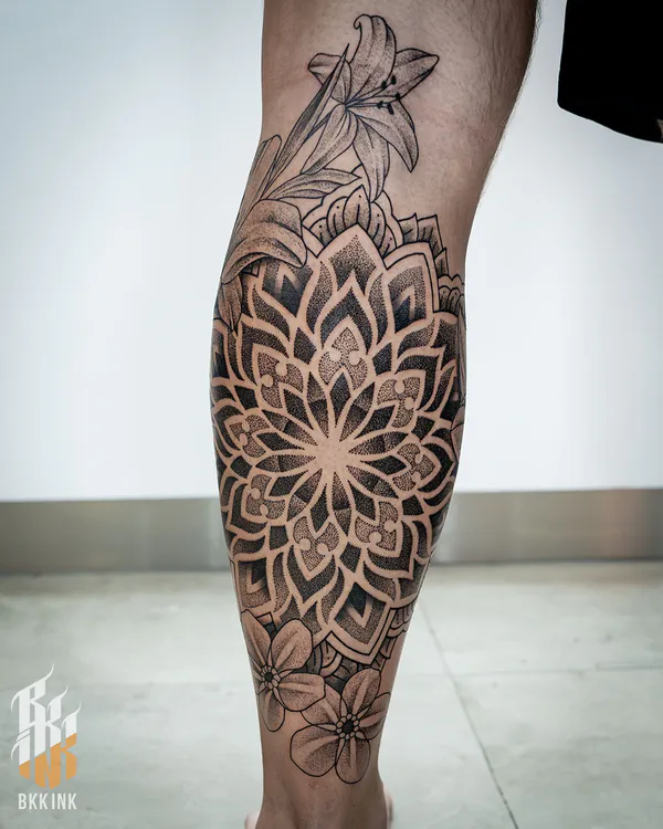 Floral mandala calf blackwork tattoo Bangkok