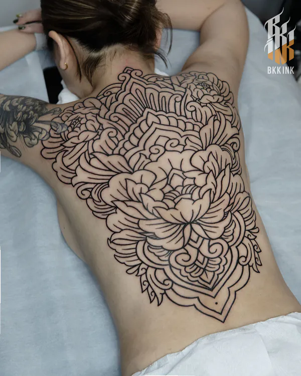 Peony floral back outline blackwork tattoo Bangkok