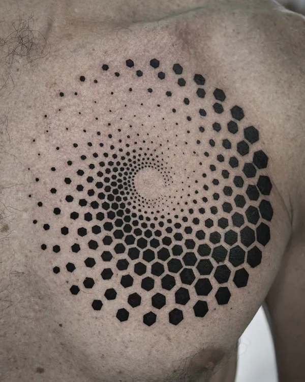 Hexagon spiral dotwork chest blackwork tattoo Bangkok