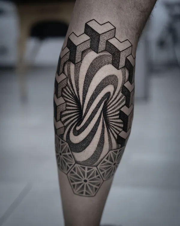 3D cube swirl calf blackwork tattoo Bangkok