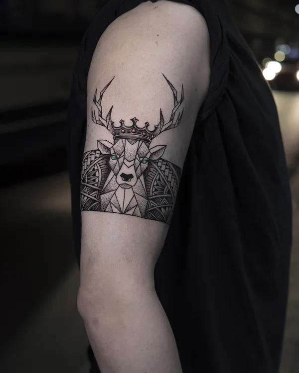 Crowned deer armband blackwork tattoo Bangkok