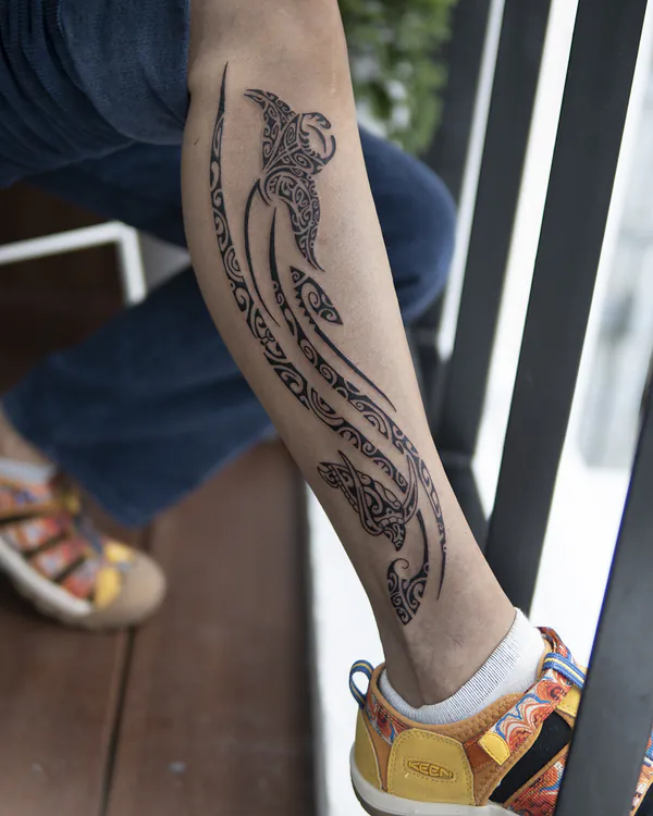 Polynesian wave calf blackwork tattoo Bangkok