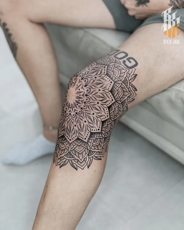 Dotwork mandala knee blackwork tattoo Bangkok