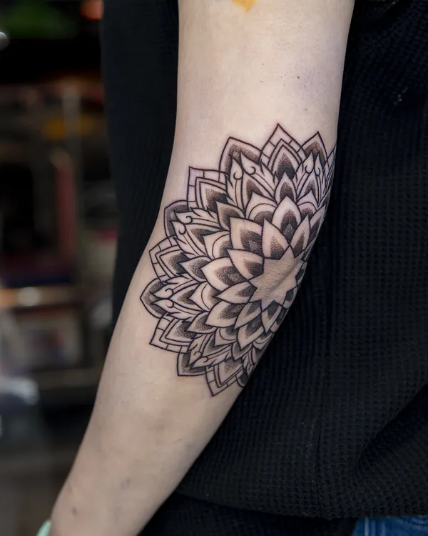 Dotwork mandala elbow blackwork tattoo Bangkok