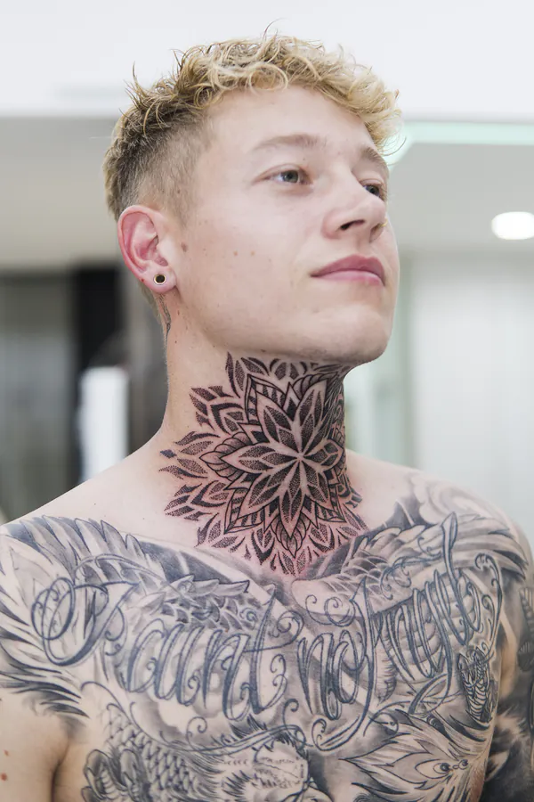 Floral mandala neck blackwork tattoo Bangkok