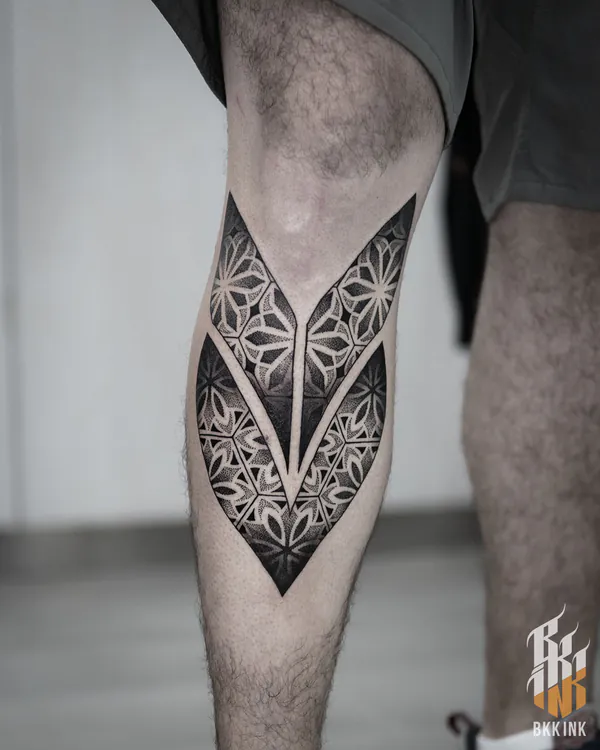Geometric leaf knee blackwork tattoo Bangkok