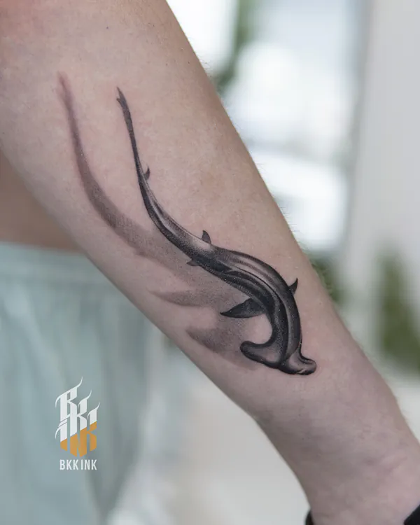 Hammerhead shark forearm fine line tattoo Bangkok