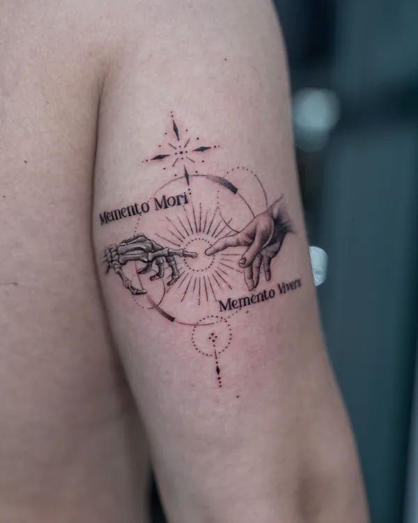 Memento Mori skeleton hand upper arm fine line tattoo Bangkok