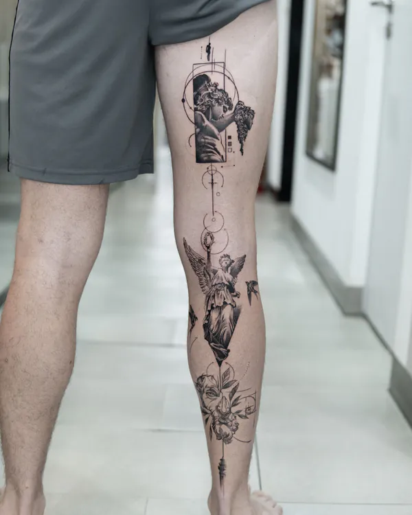 Angel statue and floral panels leg fine line tattoo Bangkok