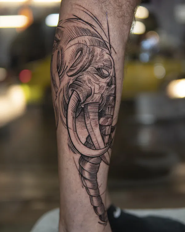 Abstract sketch animal head calf fine line tattoo Bangkok