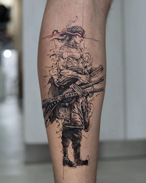 Samurai warrior with katana calf fine line tattoo Bangkok