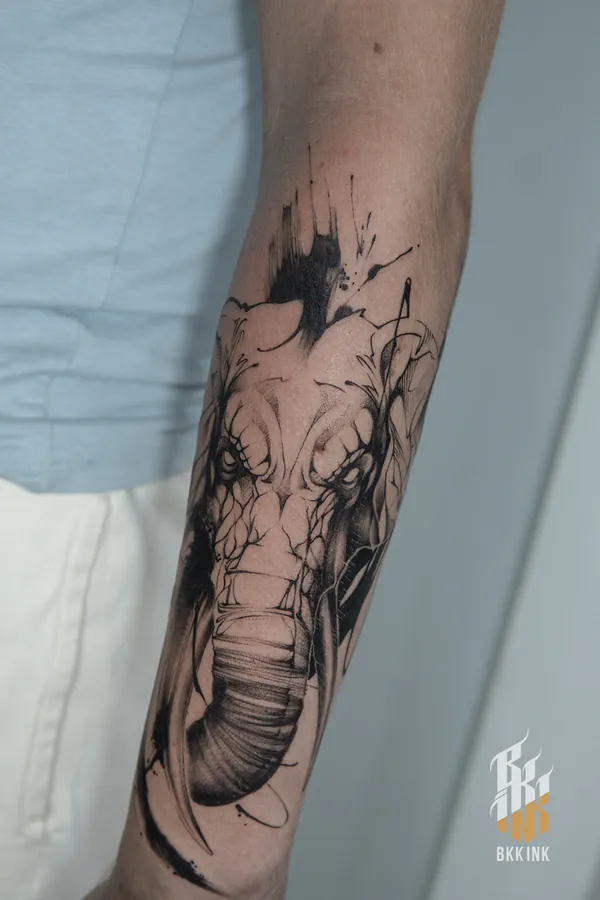Sketch elephant head with trunk forearm fine line tattoo Bangkok