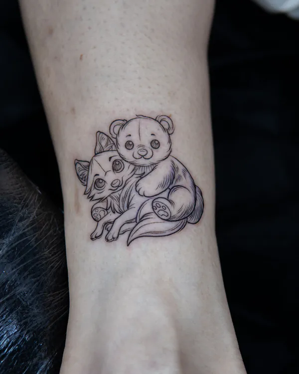Bear and cat cuddle ankle fine line tattoo Bangkok