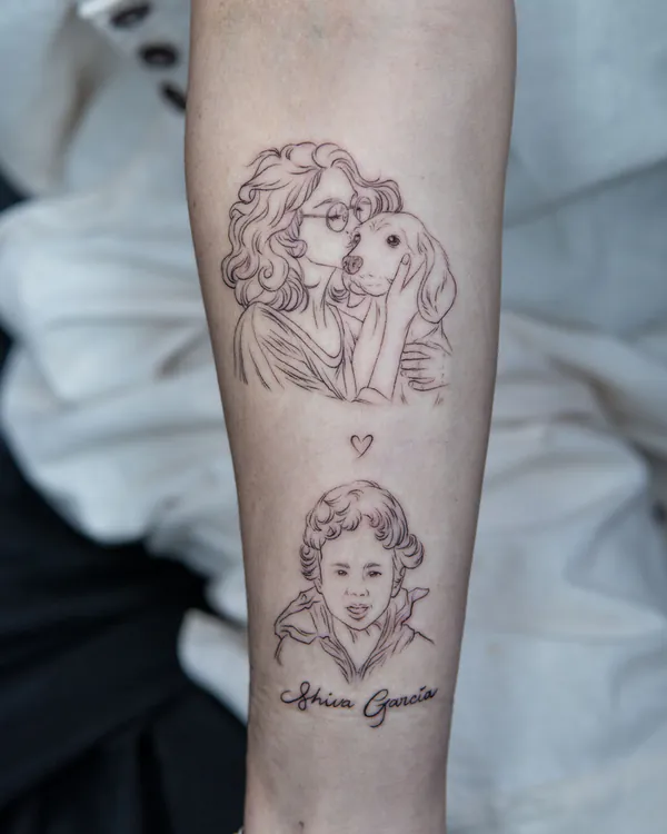 Woman with dog and child portraits forearm fine line tattoo Bangkok