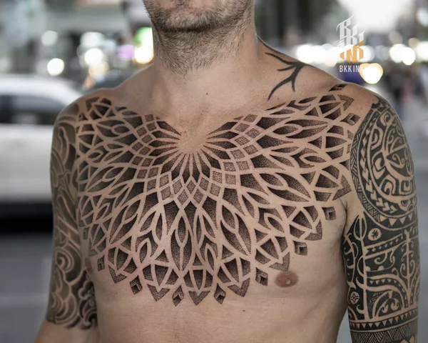 Dotwork lotus mandala chest tattoo Bangkok by Hack