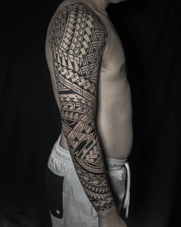 Polynesian tribal sleeve tattoo Bangkok by Hack