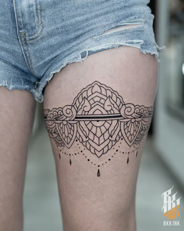 Mandala lace garter thigh tattoo Bangkok by Hack