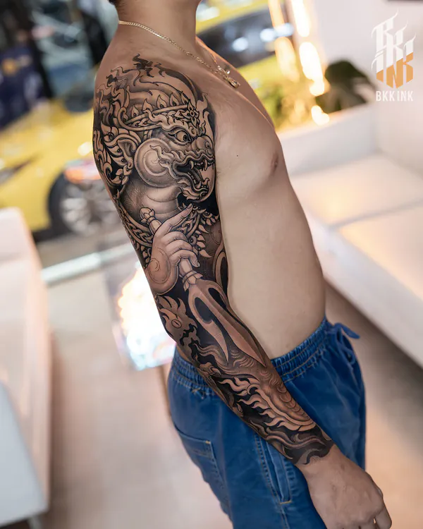 Thai giant deity full arm sleeve tattoo Bangkok by Jack