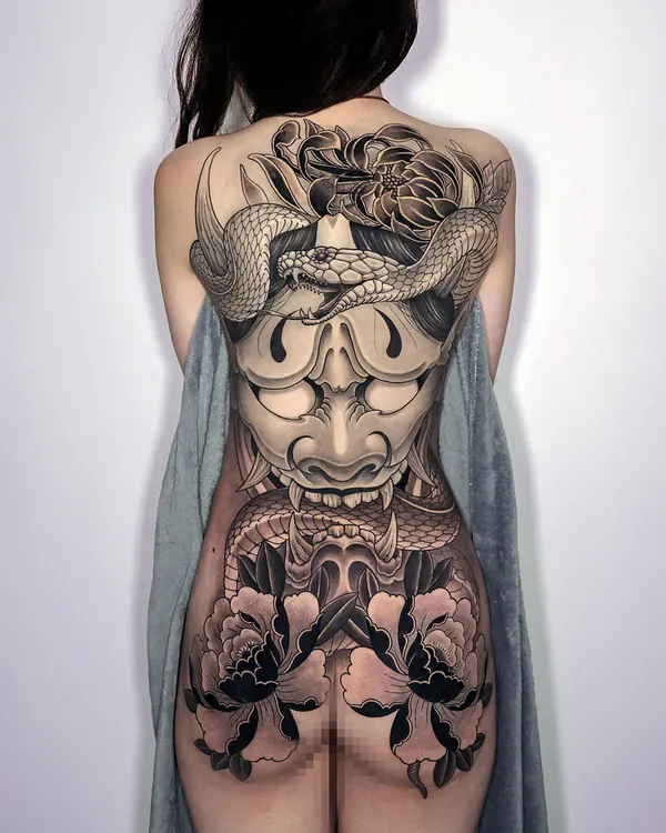 Hannya mask, snake and peony full back Japanese tattoo Bangkok