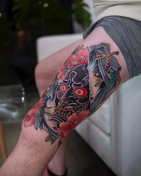 Half hannya mask half geisha calf Japanese tattoo Bangkok