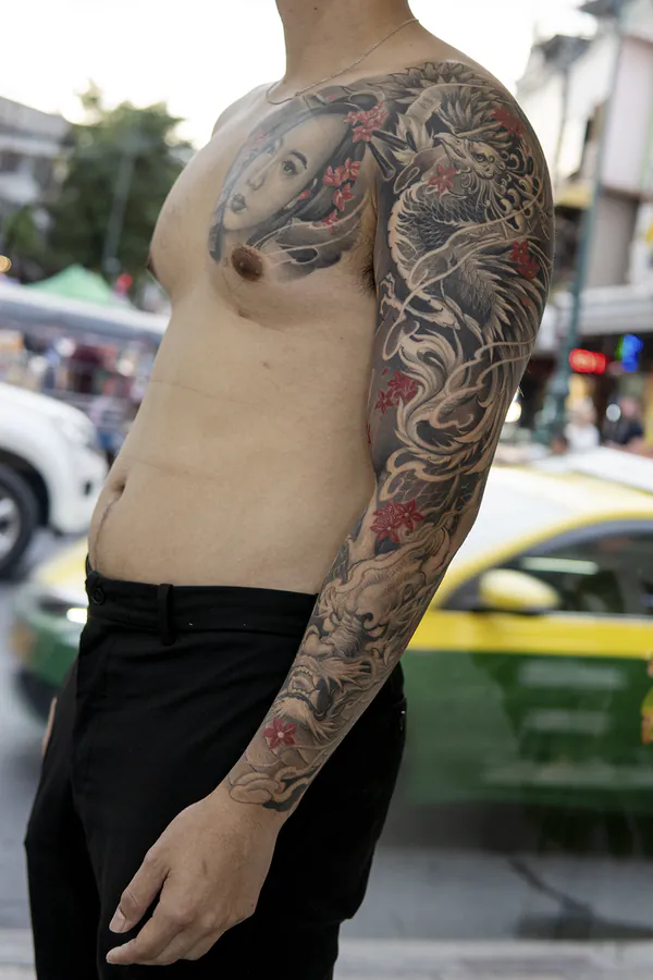 Geisha and phoenix arm sleeve Japanese tattoo Bangkok