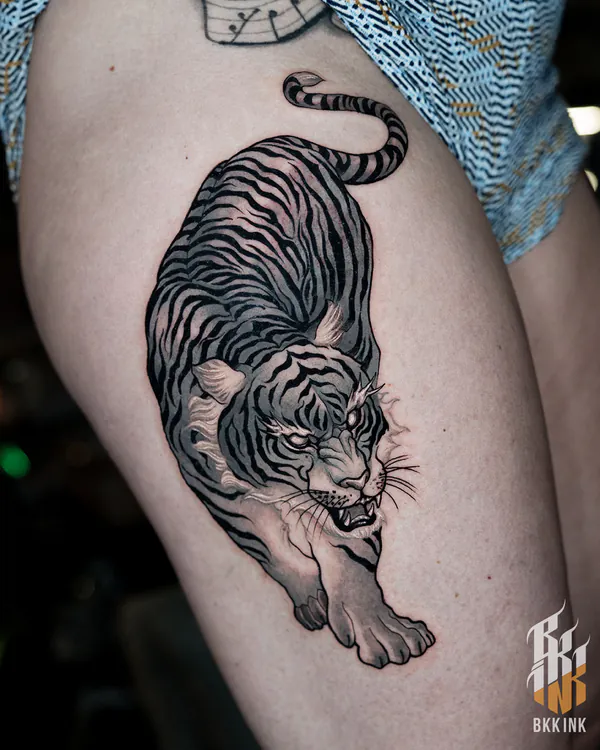 Prowling tiger thigh Japanese tattoo Bangkok