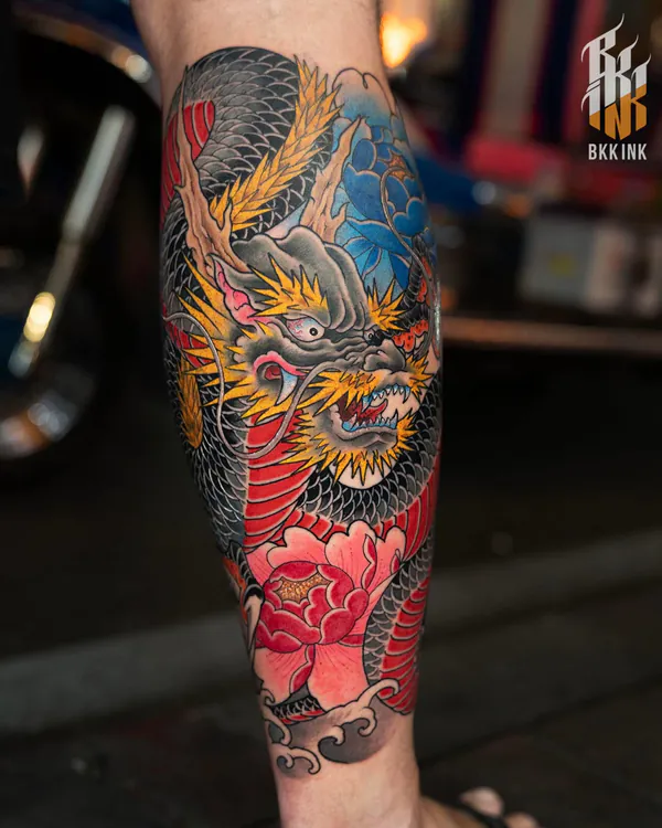 Dragon head and peony calf Japanese tattoo Bangkok