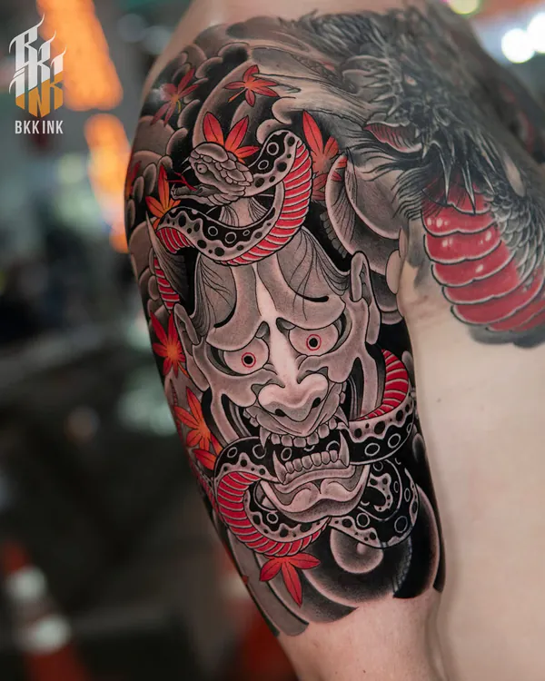 Hannya mask and snake shoulder Japanese tattoo Bangkok