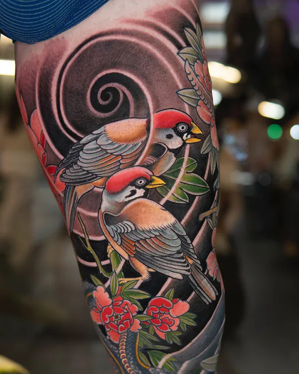 Two sparrows and peony arm Japanese tattoo Bangkok