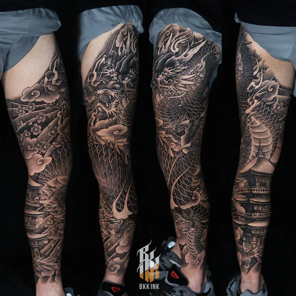 Dragon and pagoda full leg sleeve Japanese tattoo Bangkok