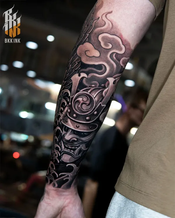 Hannya mask and kabuto helmet forearm Japanese tattoo Bangkok