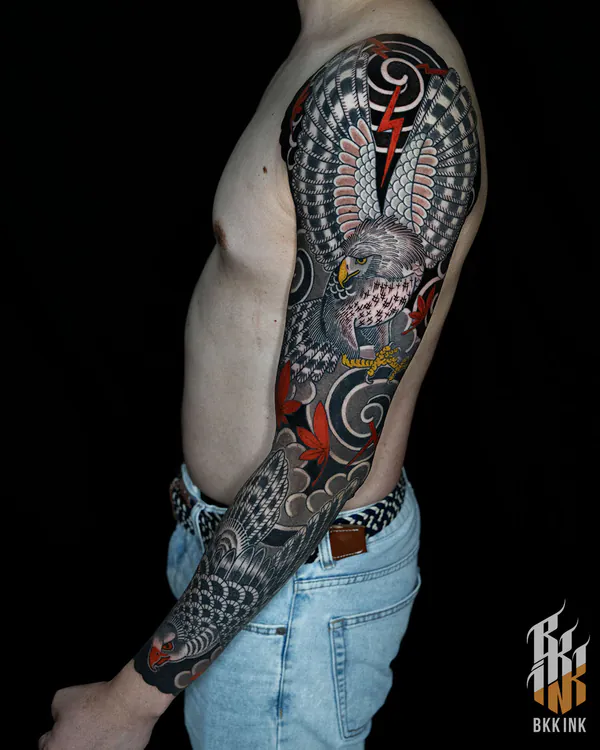Hawk and lightning bolt full sleeve Japanese tattoo Bangkok