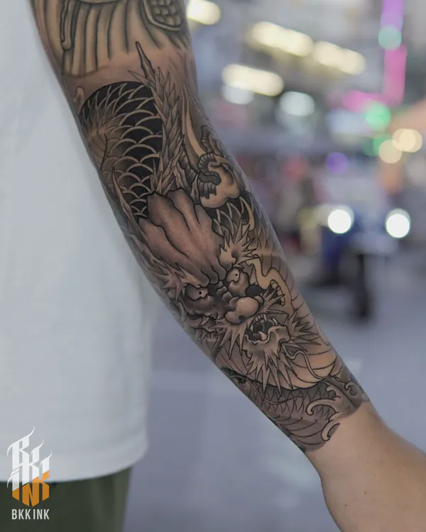 Dragon head full arm sleeve Japanese tattoo Bangkok