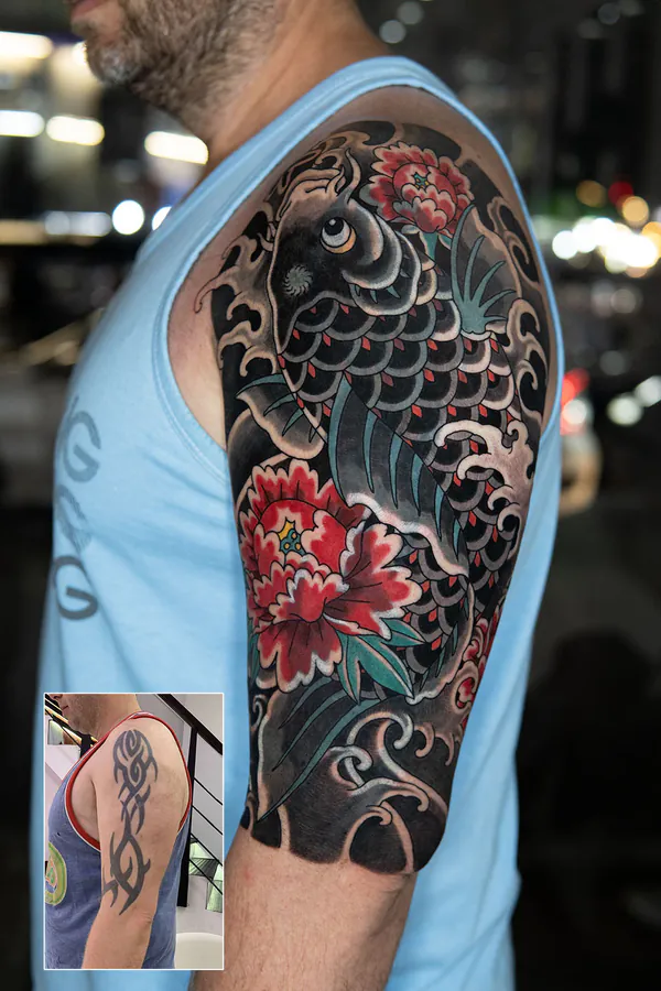 Koi fish and peony shoulder Japanese tattoo Bangkok