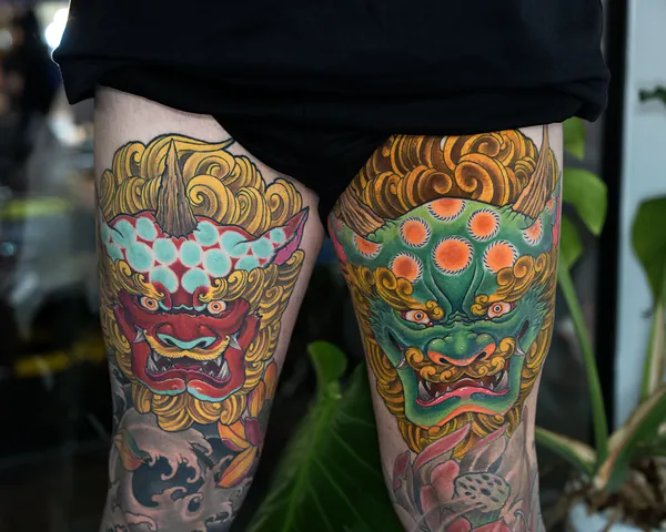 Shishi lion masks both thighs Japanese tattoo Bangkok
