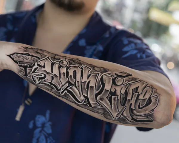 Chunky 3D graffiti forearm lettering tattoo Bangkok