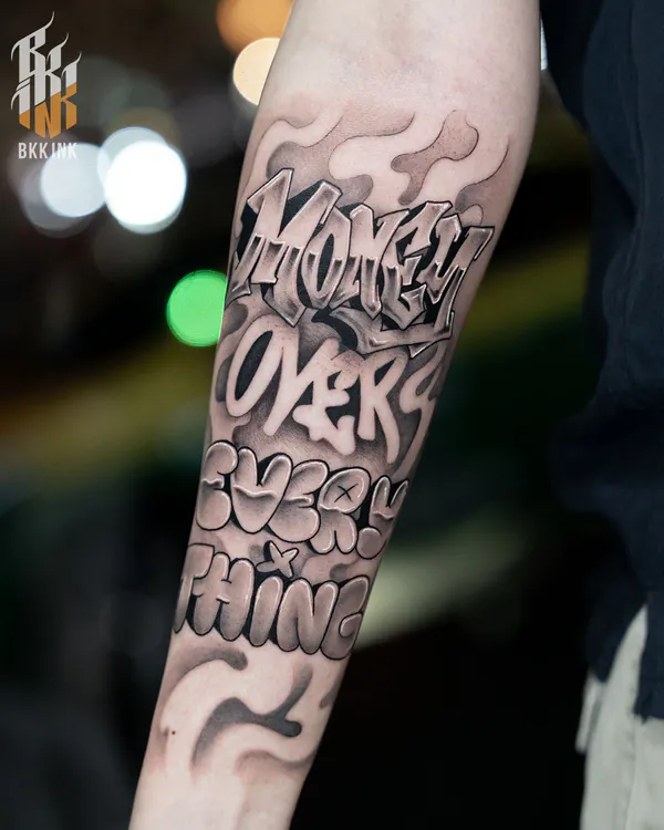 Bubble graffiti letters forearm lettering tattoo Bangkok