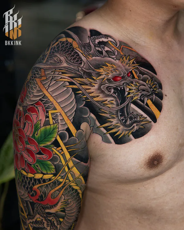 Color Japanese dragon with peony shoulder tattoo Bangkok by Mhee