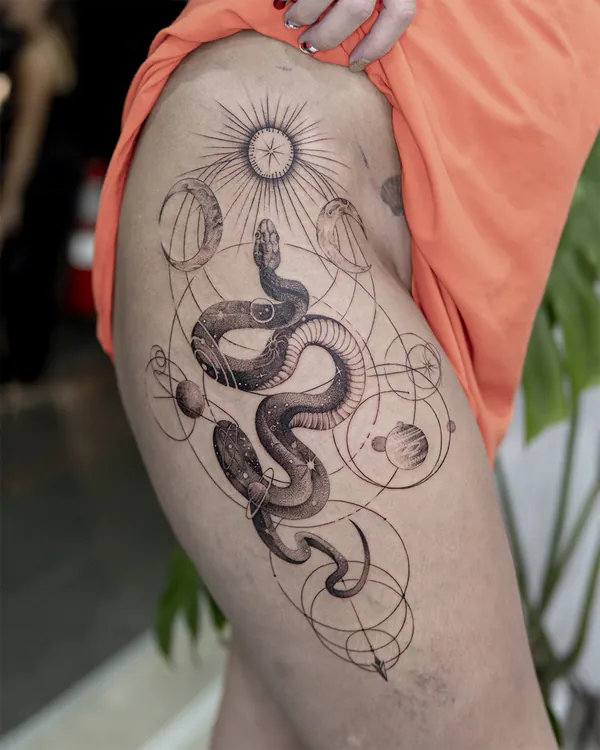 Celestial snake with moon phases thigh tattoo Bangkok by Mo