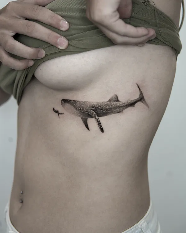 Realistic whale shark rib tattoo Bangkok by Mo