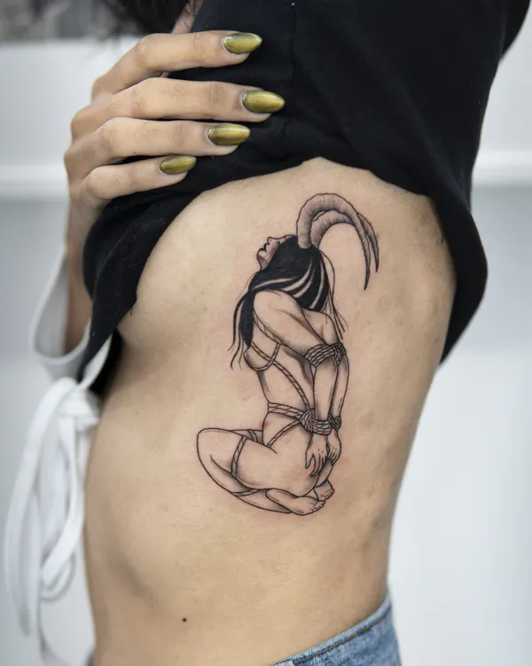 Bound demon girl with horns rib tattoo Bangkok by Mor