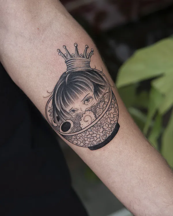 Crowned girl in noodle bowl forearm tattoo Bangkok by Mor